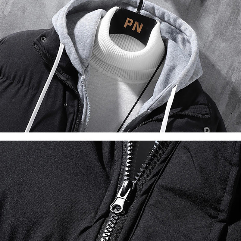 Fashion Hooded Jacket Men Winter Windproof Thickened Fake Two-piece Coat Solid Leisure Sports Cotton Jacket Image