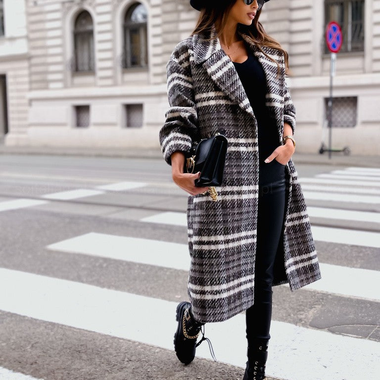 Checked Mid-length Coat Lapel Tie Woolen Coat Image