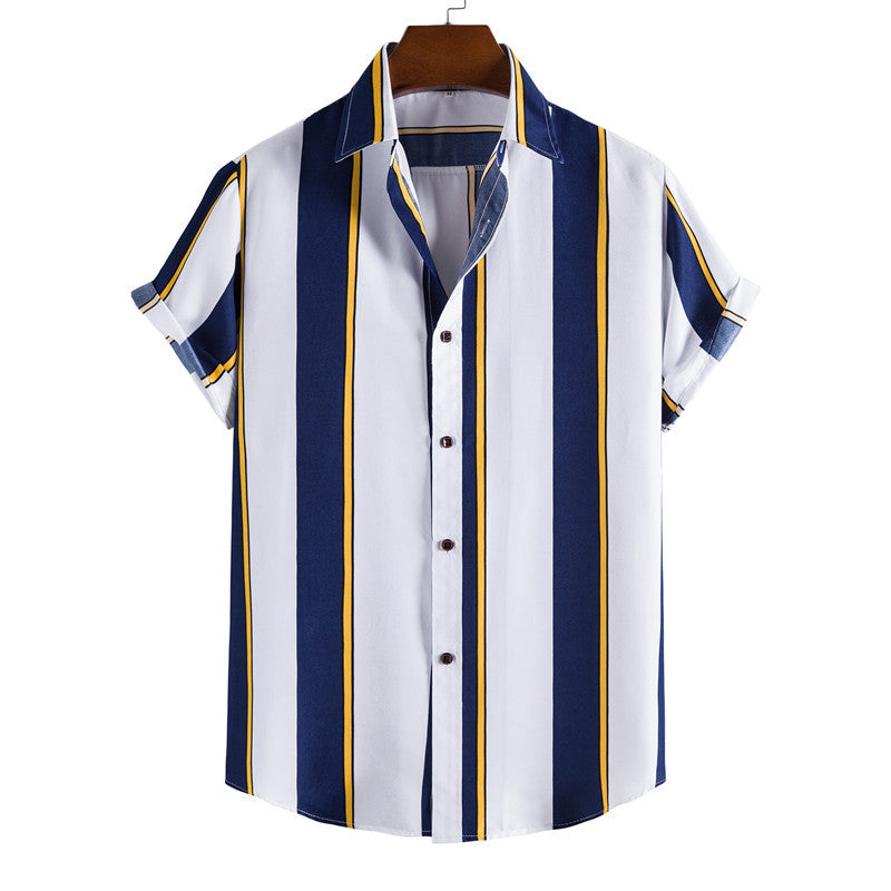 Simple Men's Short Sleeve Casual Shirt Striped Printed Shirt Image