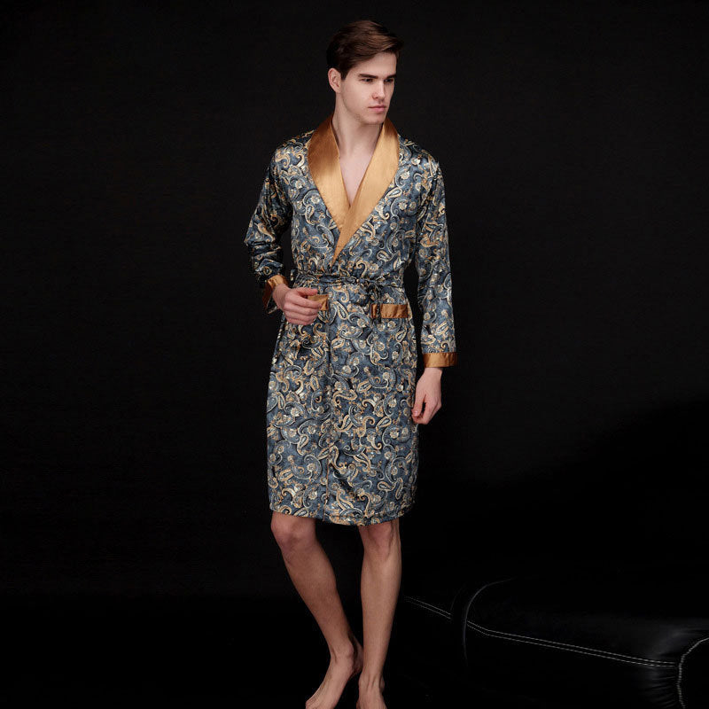 Men's Summer Long Ice Silk Pajamas Nightgown Image