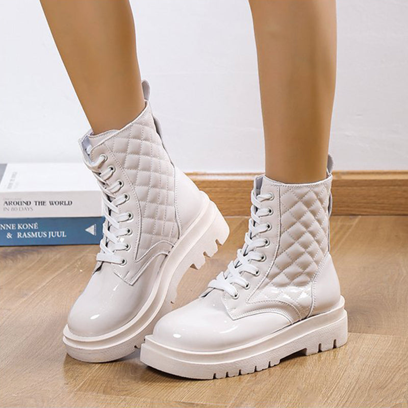 Lace-up Thick-heeled Boots Winter Casual Round Toe Platform Ankle Boots Women Fashion Quilted Pattern Minimalist Motorcycle Shoes Image