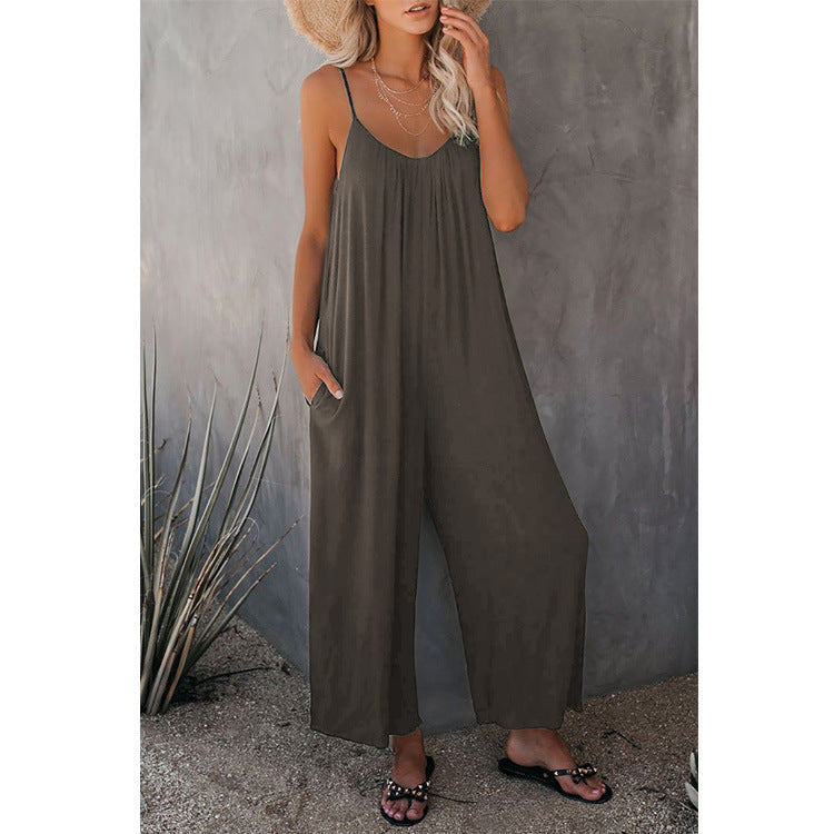 Women's Loose Sleeveless Jumpsuits Romper Jumpsuit With Pockets Long Pant Summer Image