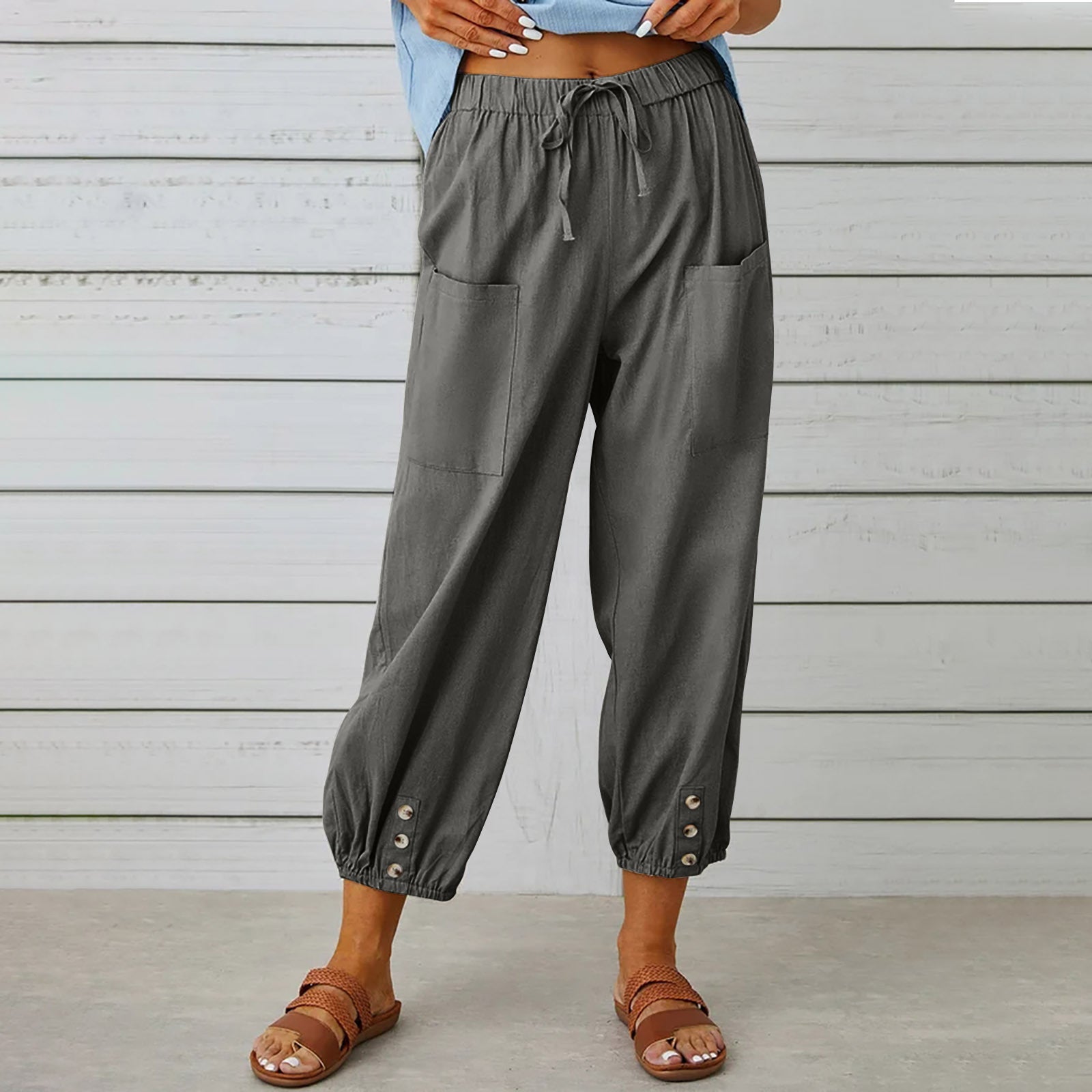 Women Drawstring Tie Pants Spring Summer Cotton And Linen Trousers With Pockets Button Image