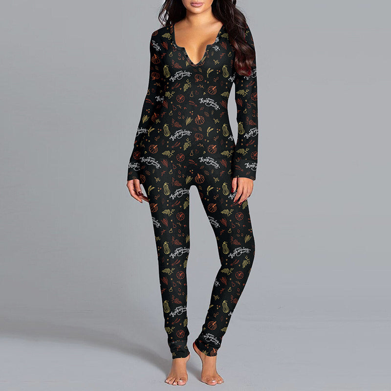 Halloween Printed Jumpsuit Long Sleeve Home Pajamas Casual Trousers Women's Cos Clothing Image