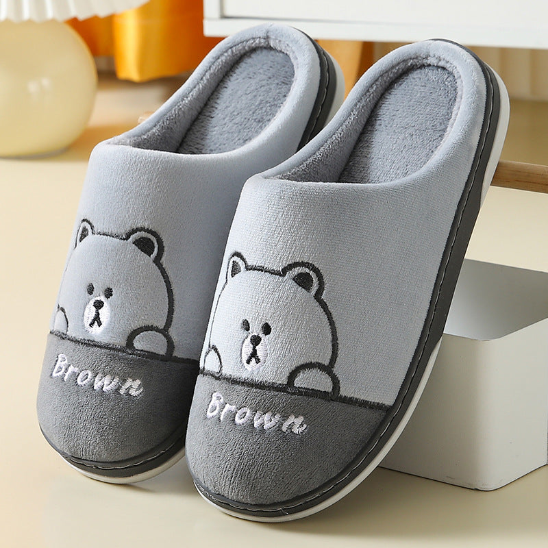 Cute Bears Slippers Warm Winter House Shoes For Women Couple Indoor Floor Bedroom Solid Color Non-slip Soft Plush Slippers