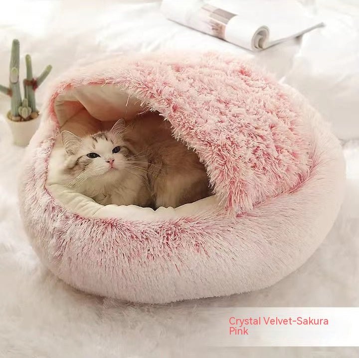 2 In 1 Dog And Cat Bed Pet Winter Bed Round Plush Warm Bed House Soft Long Plush Pets Bed Image