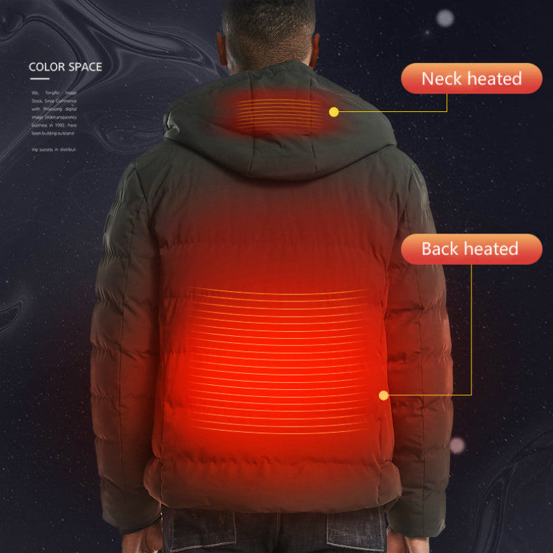 New Men Women Cotton Coat USB Smart Electric Heated Jackets Winter Thicken Down Hooded Outdoor Hiking Ski Clothing 7XL Image