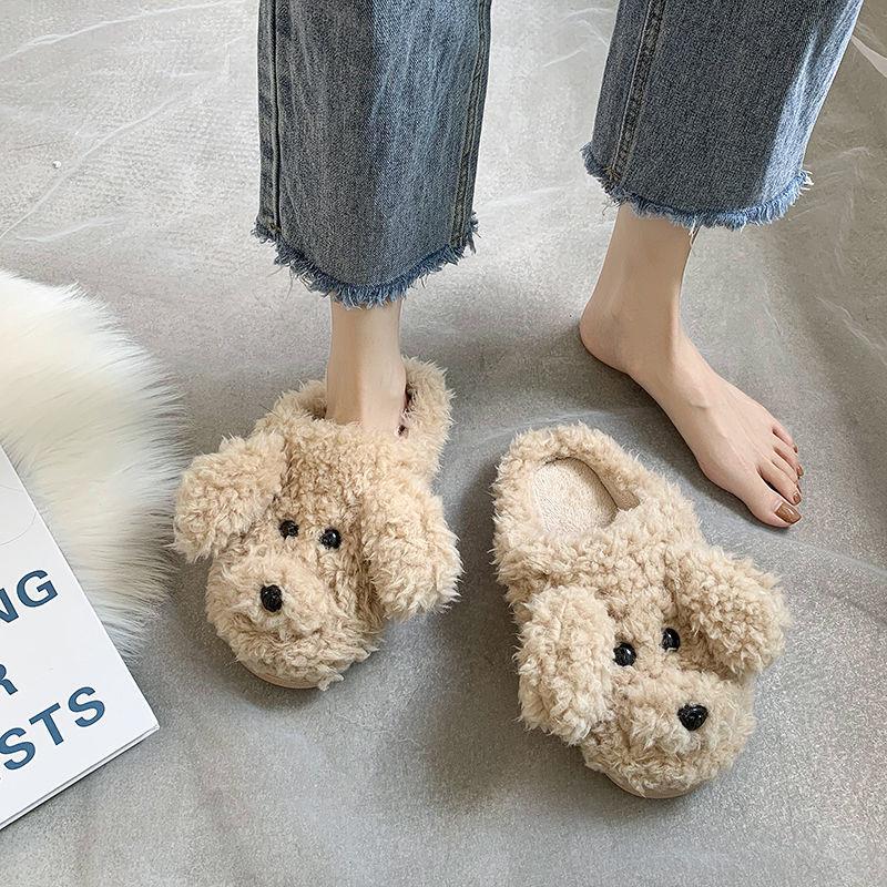 Comwarm Cute Dog Short Plush Slippers For Women 2023 Winter Warm Furry Cotton Shoes Couples Home Indoor Bedroom Cozy Slippers Image