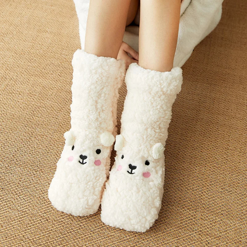 Cute Cartoon Bear Fuzzy Socks For Women, Comfortable Winter Soft Warm Slipper Socks, Casual Sleep Socks For Indoor Women's Fuzzy Socks Winter Warm Fluffy Soft Slipper Home Sleeping Cute Animal Socks Image