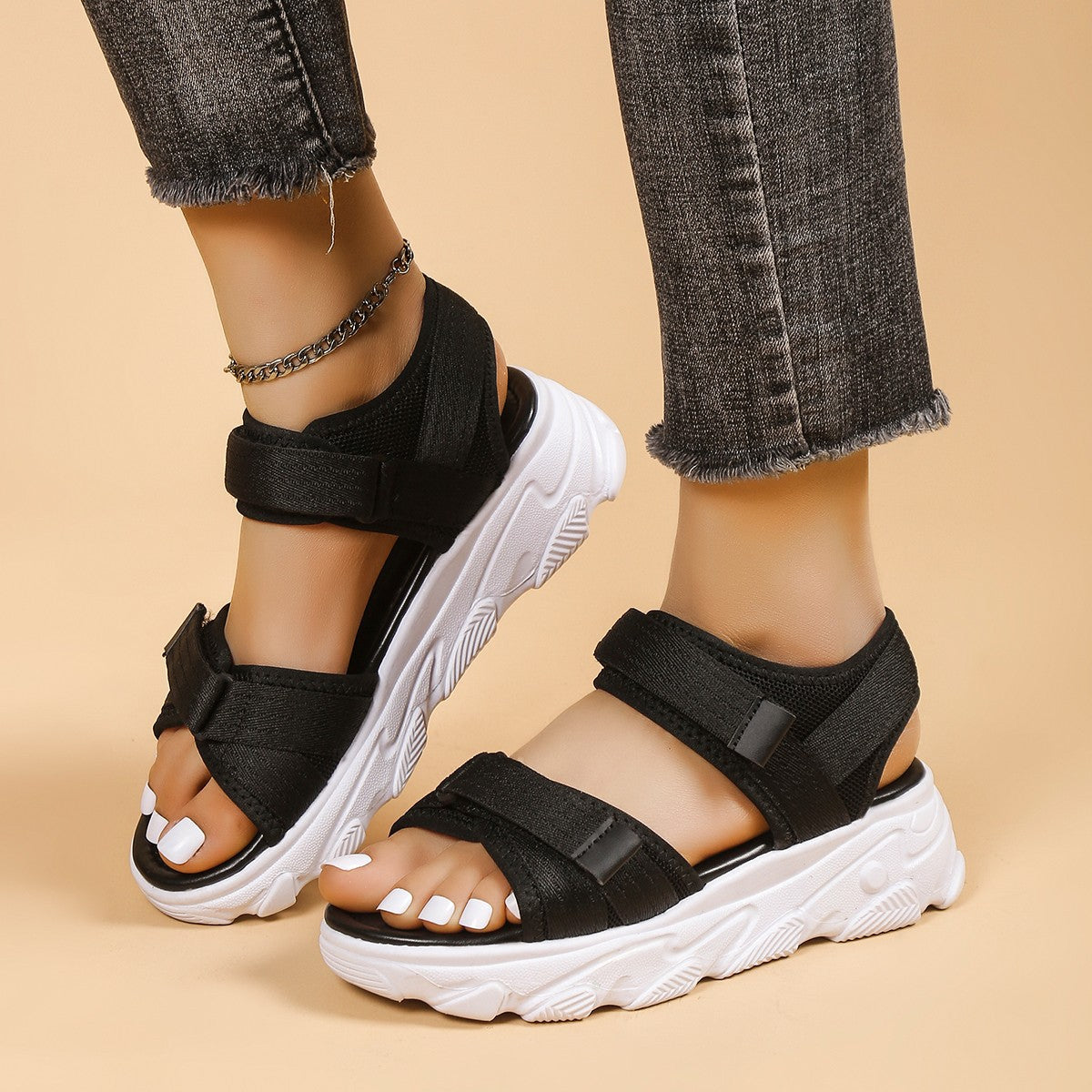 Women's Platform Round Toe Peep Toe Velcro Casual Sandals Image