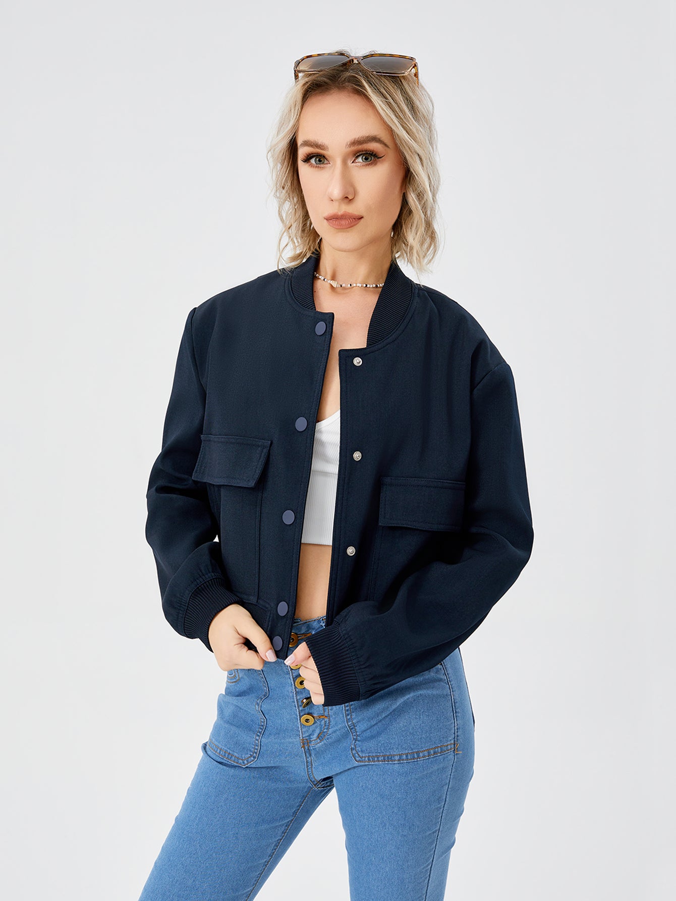 Women's Lightweight Cropped Bomber Jacket Casual Long Sleeve Varsity Jacket With Pocket Fashion Y2k Jacket Streetwear Image