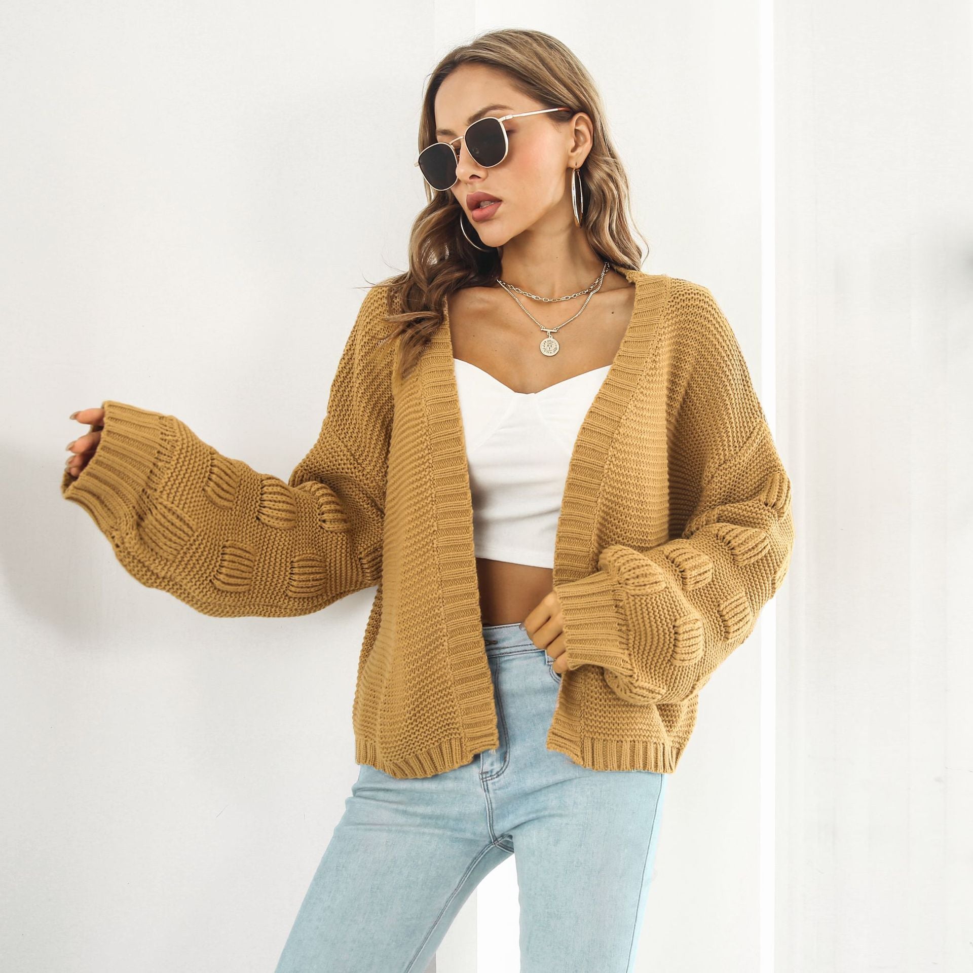 Puff Sleeve Cardigan Sweater Women Clothes Front Chunky Knitwear Coat Image