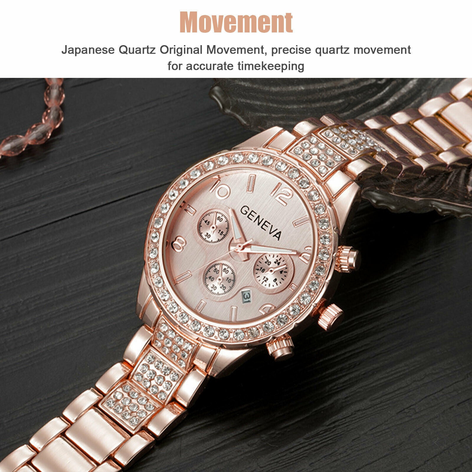 Waterproof Women Luxury Classic Stainless Steel Crystal Quartz Round Wrist Watch Image