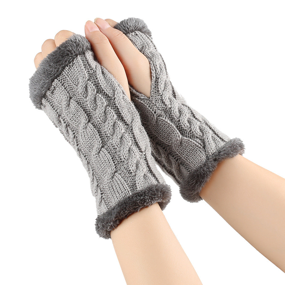 Winter Plush Gloves Twist Knitted Fingerless Fleece Gloves Women Warm Thickened Woolen Gloves Image