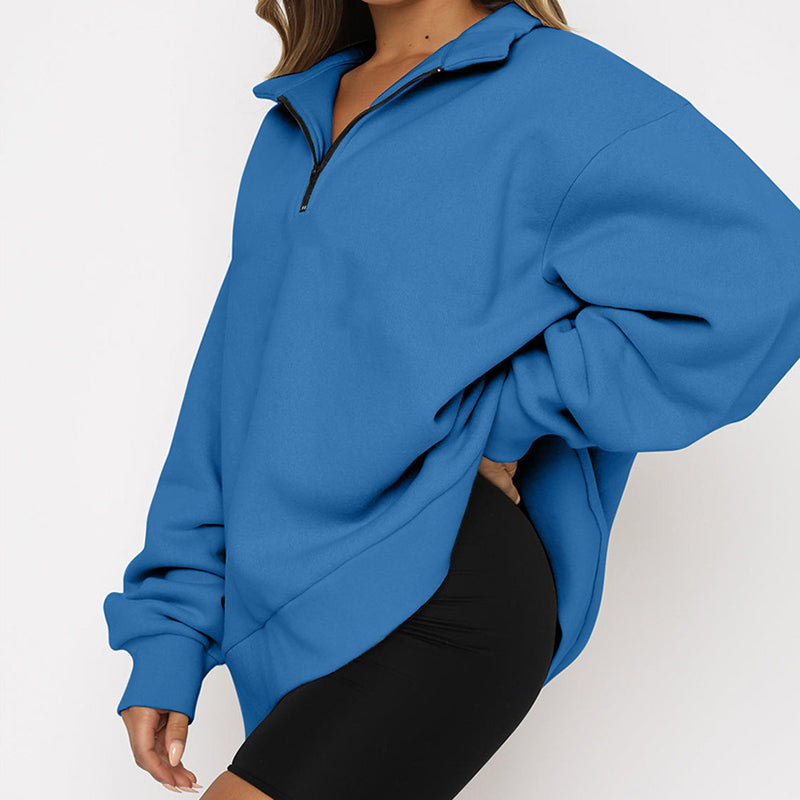 Women Sweatshirts Zip Turndown Collar Loose Casual Tops Clothes Image