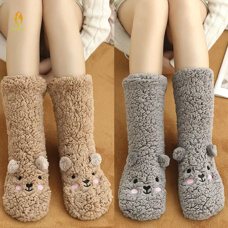 Cute Cartoon Bear Fuzzy Socks For Women, Comfortable Winter Soft Warm Slipper Socks, Casual Sleep Socks For Indoor Women's Fuzzy Socks Winter Warm Fluffy Soft Slipper Home Sleeping Cute Animal Socks Image