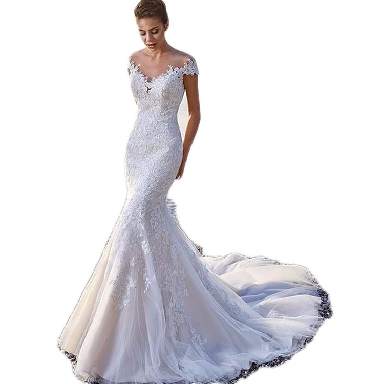 Princess Bride Mermaid Wedding Dress White Trailing Perspective Backless Lace Wedding Dress Image