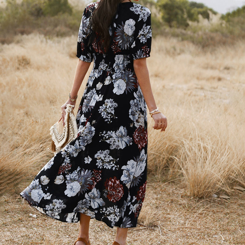 Floral Summer Beach Dress With V Neck Elastic Waist Dresses For Women Image