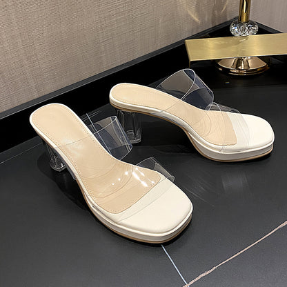 Square Transparent Slippers With A Straight Line On The Outside