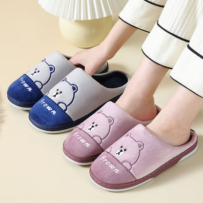 Cute Bears Slippers Warm Winter House Shoes For Women Couple Indoor Floor Bedroom Solid Color Non-slip Soft Plush Slippers