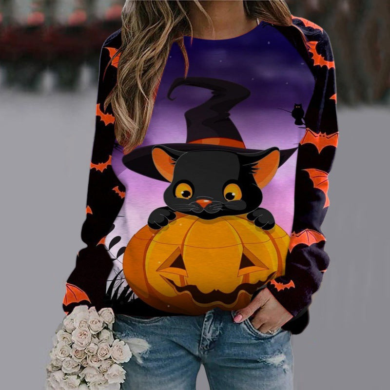 Halloween Cartoon Print Sweatshirt Long Sleeve Pullover Tops Women Image