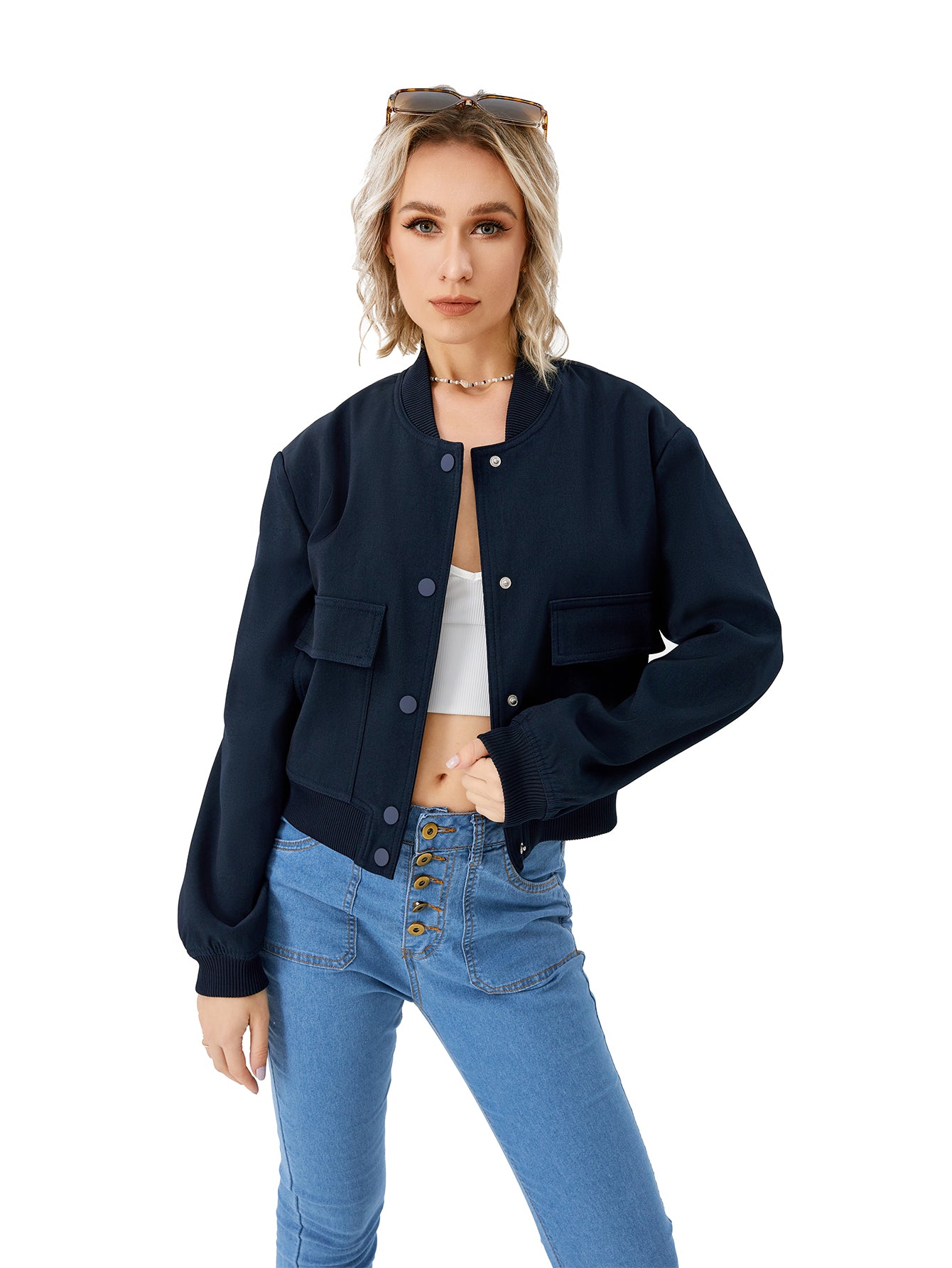 Women's Lightweight Cropped Bomber Jacket Casual Long Sleeve Varsity Jacket With Pocket Fashion Y2k Jacket Streetwear Image