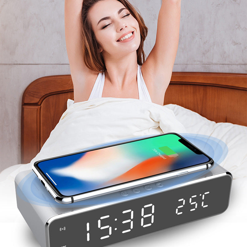 LED Electric Alarm Clock With Wireless Charger Desktop Digital Despertador Thermometer Clock HD Mirror Clock Watch Table Decor Image