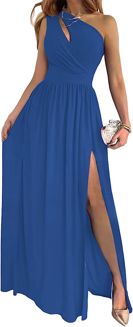 Women's One Shoulder High Split Cutout Sleeveless Elegant Sexy Cocktail Maxi Dress Image