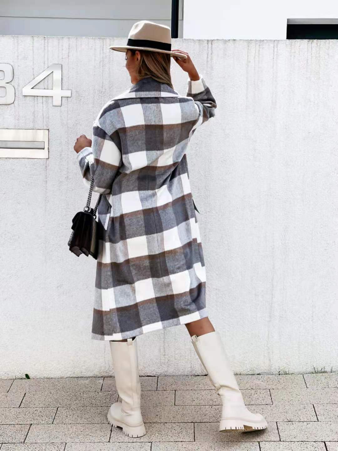 Checked Mid-length Coat Lapel Tie Woolen Coat Image