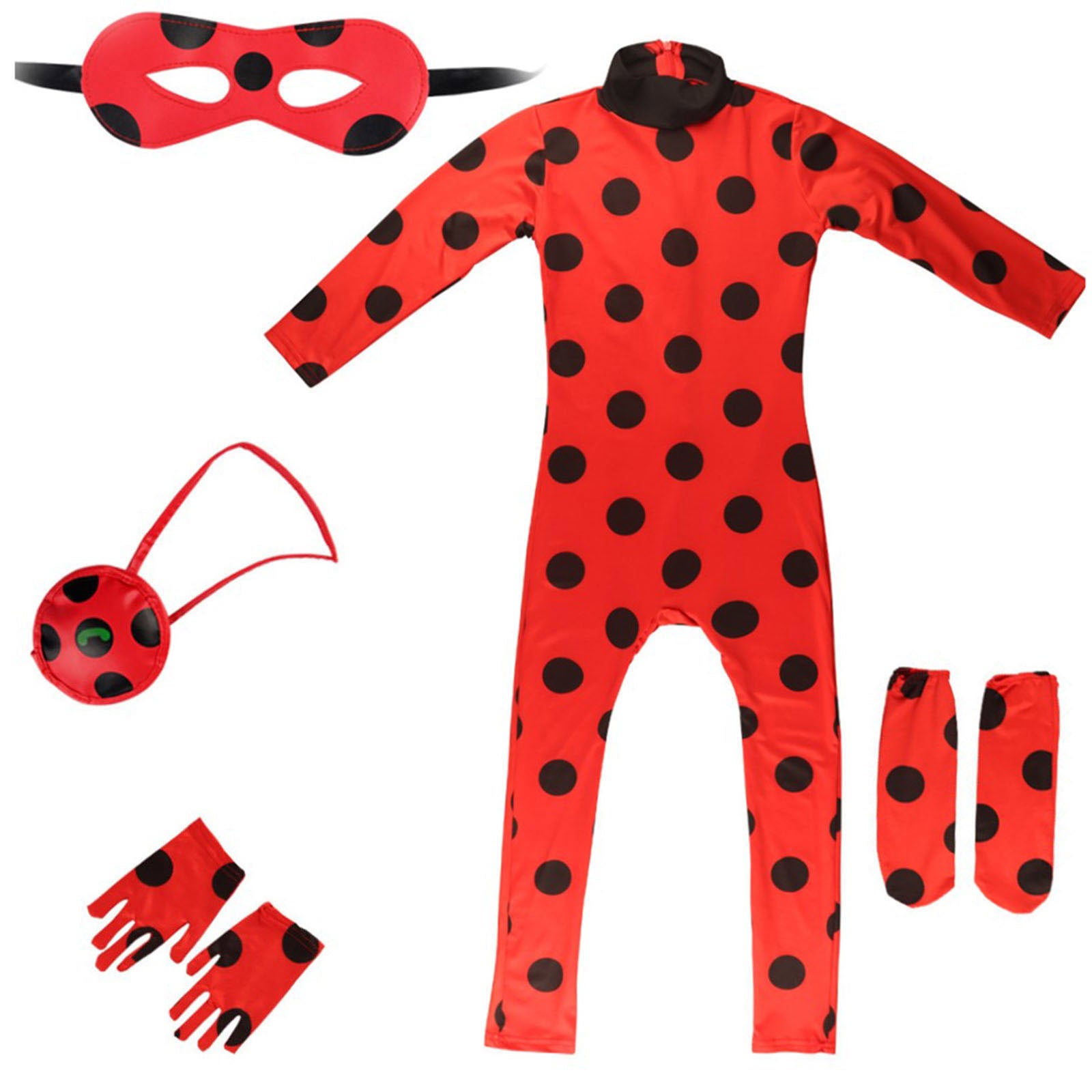 Kids Ladybug Costume Dress Up Cosplay Black Spot Red Jumpsuit 5Pcs Sets For Halloween Carnival Masquerade Fantasy Image