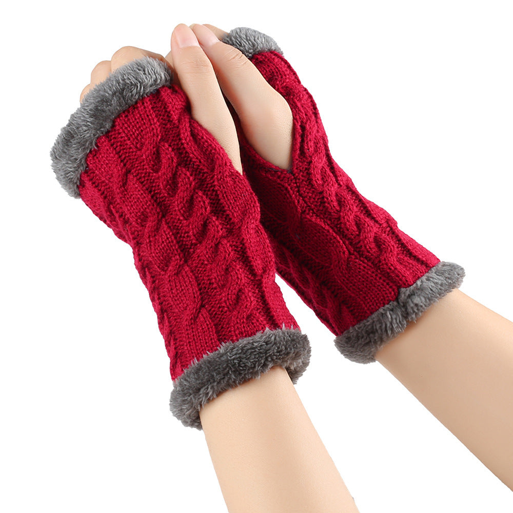 Winter Plush Gloves Twist Knitted Fingerless Fleece Gloves Women Warm Thickened Woolen Gloves Image