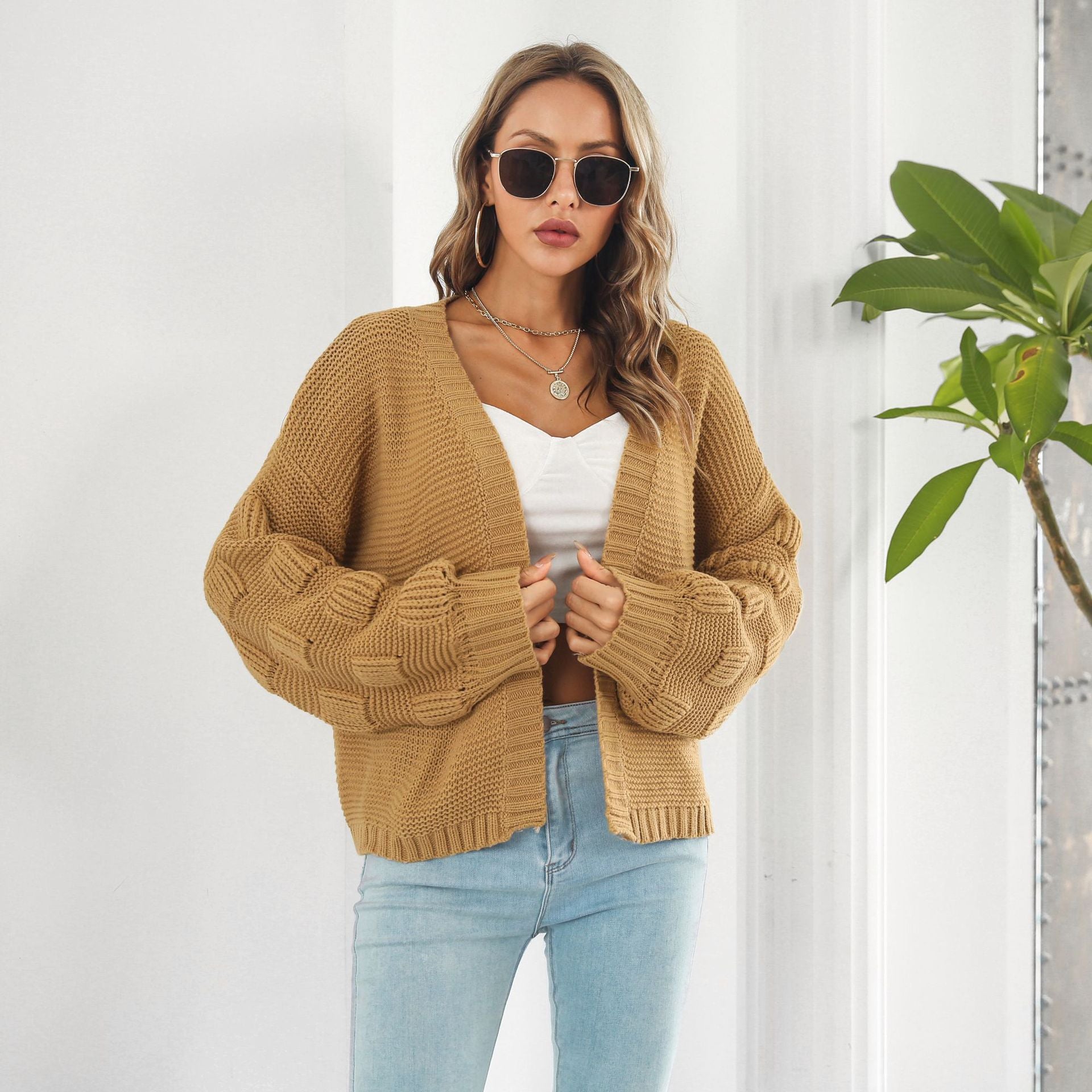 Puff Sleeve Cardigan Sweater Women Clothes Front Chunky Knitwear Coat Image