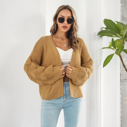 Puff Sleeve Cardigan Sweater Women Clothes Front Chunky Knitwear Coat