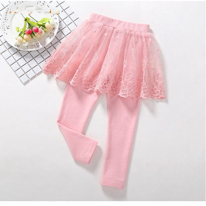 Children's Fake 2 Girls Leggings Cotton Lace Skirt Pants