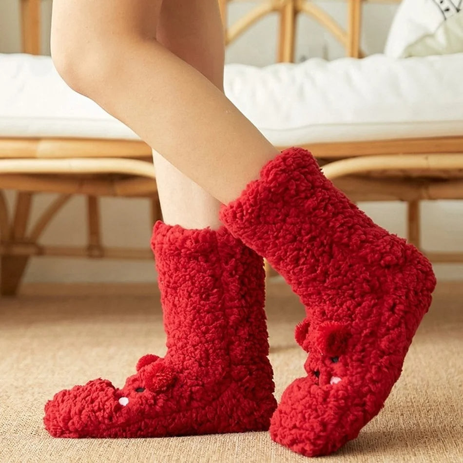 Cute Cartoon Bear Fuzzy Socks For Women, Comfortable Winter Soft Warm Slipper Socks, Casual Sleep Socks For Indoor Women's Fuzzy Socks Winter Warm Fluffy Soft Slipper Home Sleeping Cute Animal Socks Image