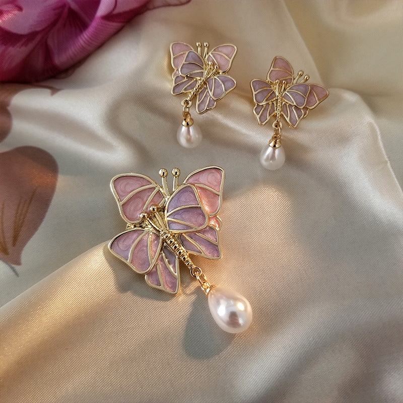 Tender Butterfly Brooch Female Silk Scarf Button Cartoon Enamel Waist Closing Pin Ins Pearl Accessories Image