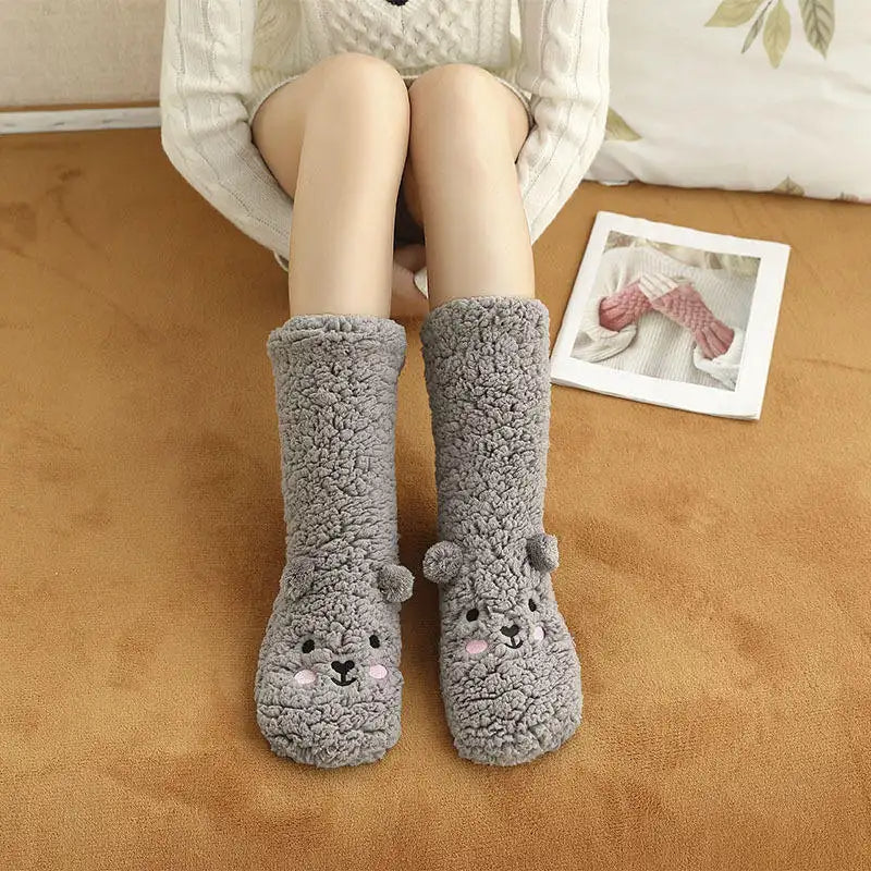 Cute Cartoon Bear Fuzzy Socks For Women, Comfortable Winter Soft Warm Slipper Socks, Casual Sleep Socks For Indoor Women's Fuzzy Socks Winter Warm Fluffy Soft Slipper Home Sleeping Cute Animal Socks Image