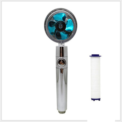 Propeller Driven Shower Head With Stop Button And Cotton Filter Turbocharged High Pressure Handheld Shower Nozzle