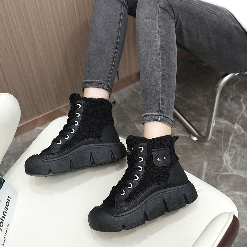 Lace-up High-top Flat Shoes For Women Winter Warm Cashmere Snow Boots Fashion Street Campus Students Height Increasing Shoes Image