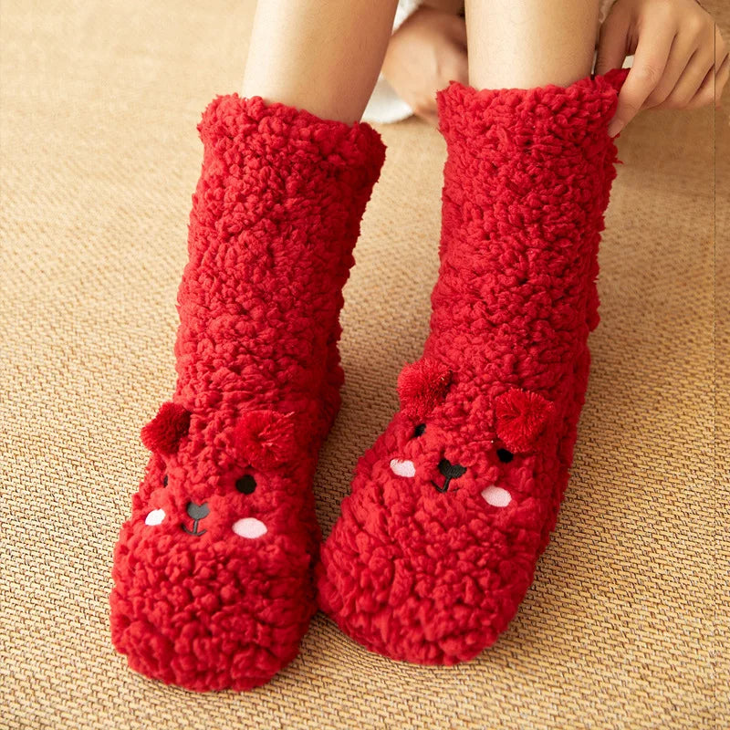 Cute Cartoon Bear Fuzzy Socks For Women, Comfortable Winter Soft Warm Slipper Socks, Casual Sleep Socks For Indoor Women's Fuzzy Socks Winter Warm Fluffy Soft Slipper Home Sleeping Cute Animal Socks Image