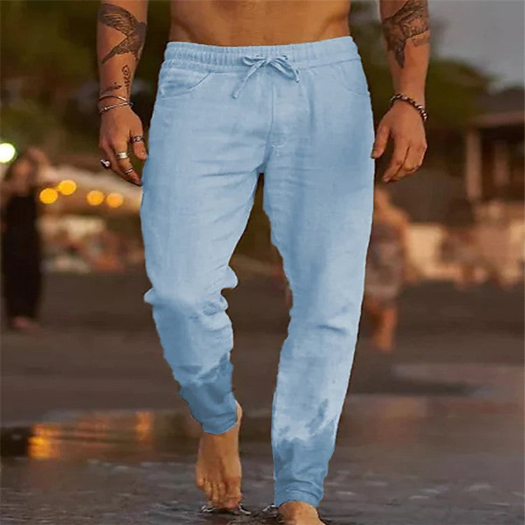 Men's Solid Color Cotton Linen Loose Beach Casual Pants Image