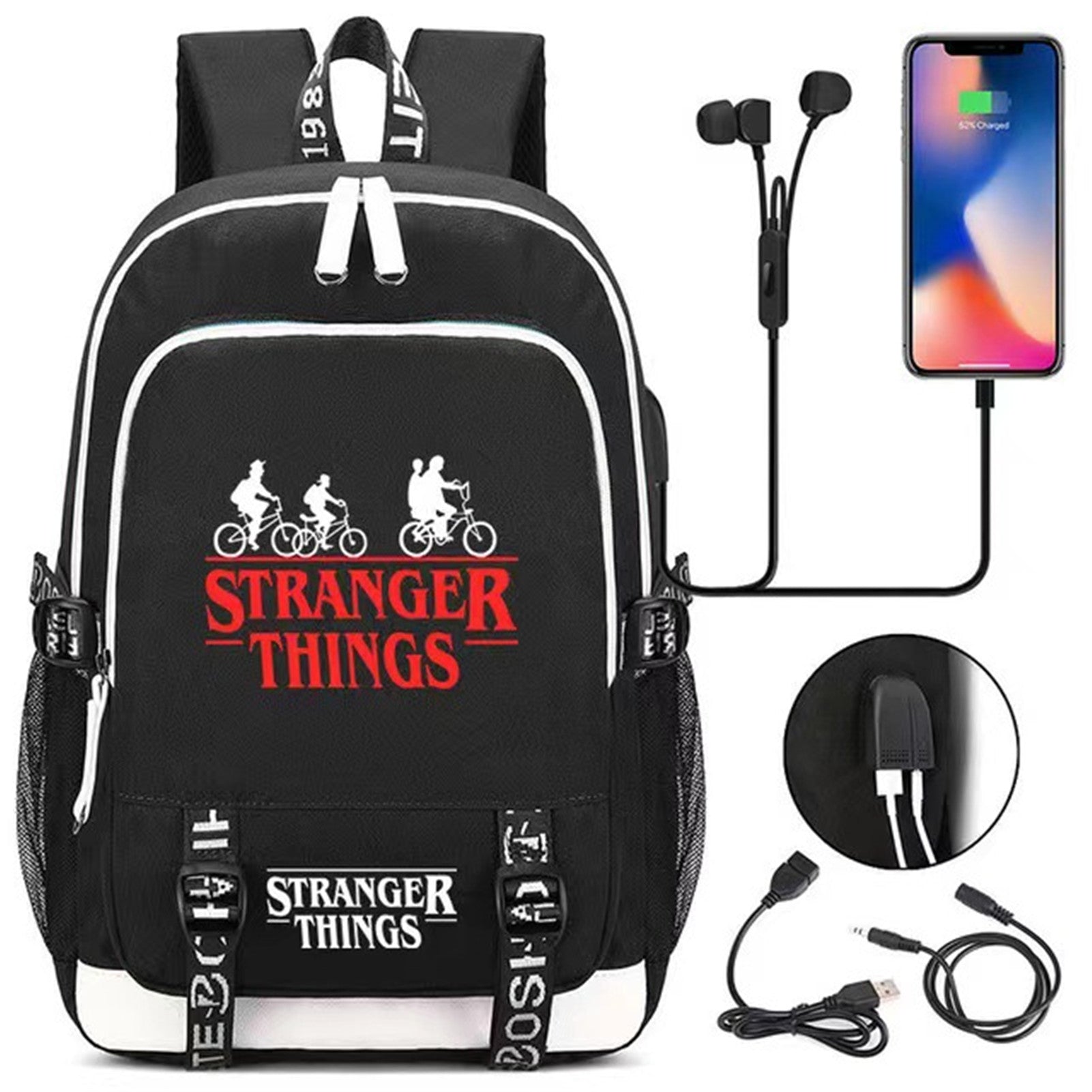 Ride The Bike Down World Of Stranger Backpack Dream Of Exploring Things Laptop Daypack With USB Charging Sport Bag For Men Women Boy Girl Boys Black Image