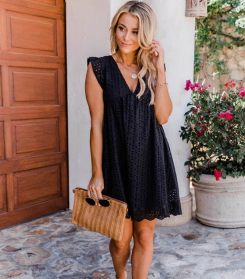 Lace Dresses With Pocket Summer Sleeveless Jacquard Cutout V-Neck Beach Dress Image