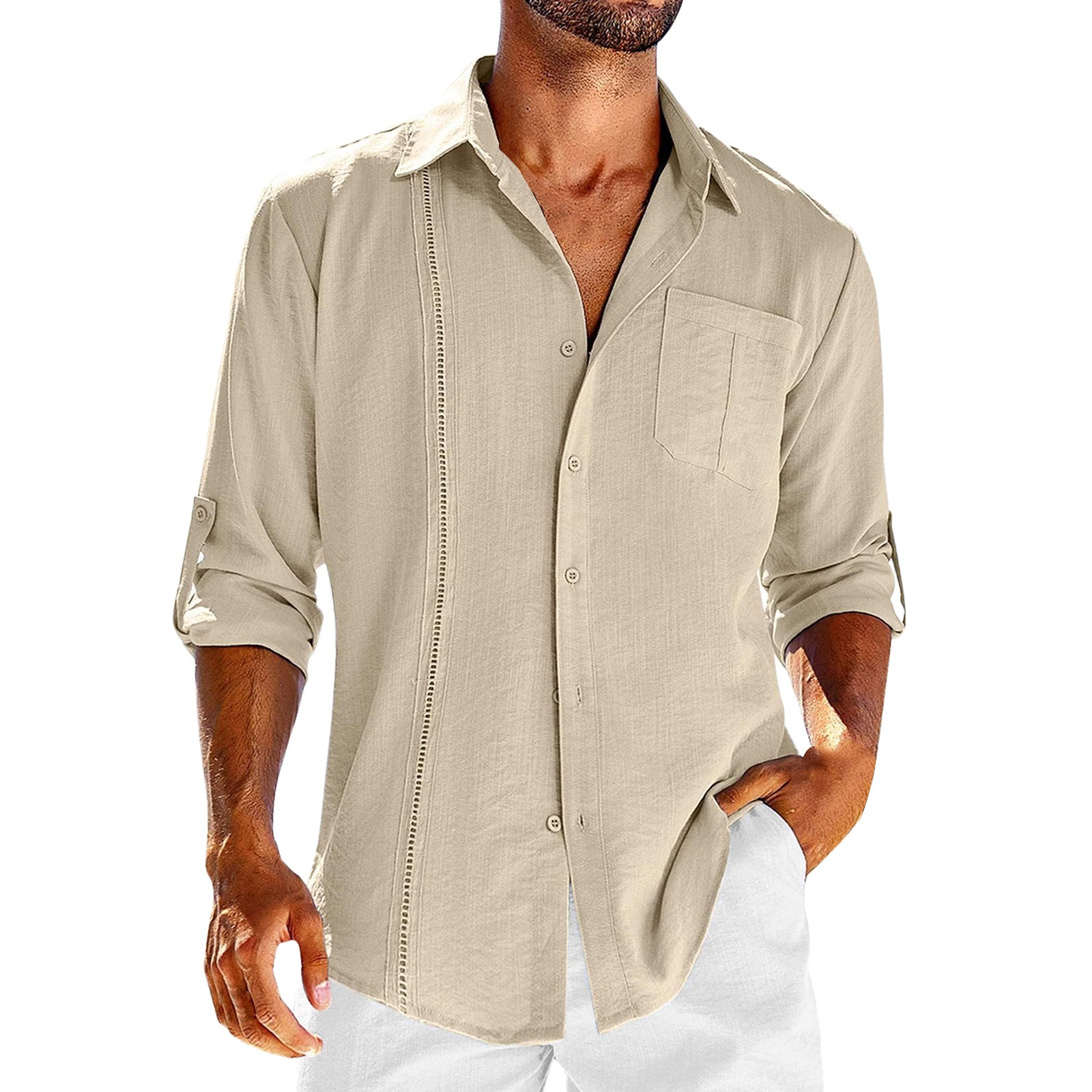 Casual  Long Sleeve Shirt With Pocket Lace Polo Collar Solid Color Button Mens Clothing Image