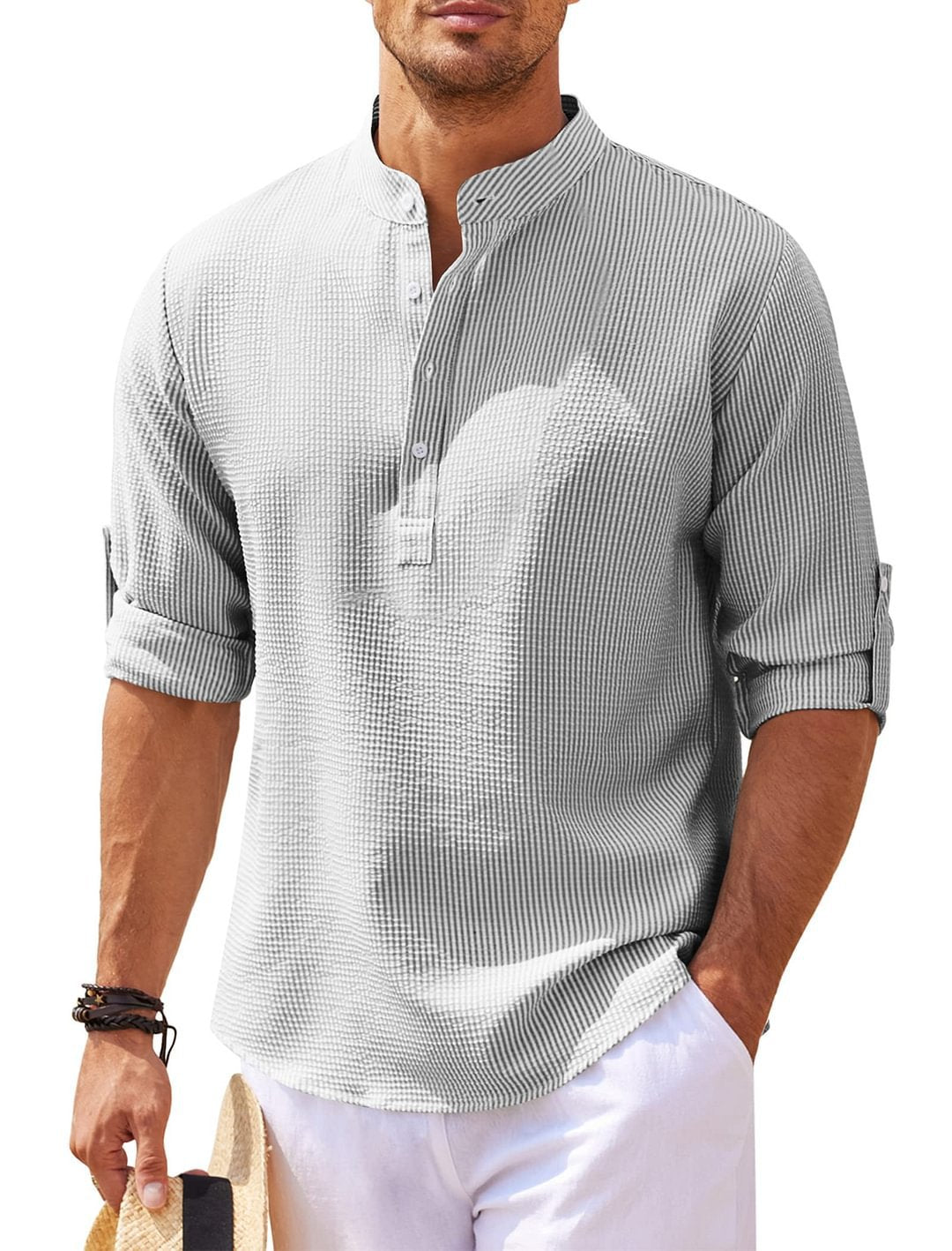 Men's Casual Shirt  Long Sleeve Stand Collar Solid Color Shirt Mens Clothing Image