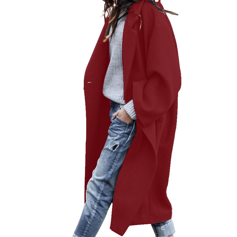 Casual Long Jacket With Pockets Solid Color Single Breasted Lapel Woolen Coat For Women Warm Winter Clothing Image