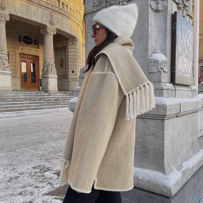 Women's Thickened Woolen Coat With Scarf Tassel Fashion Loose Jacket Autumn And Winter Casual Lady Office Streetwear Image