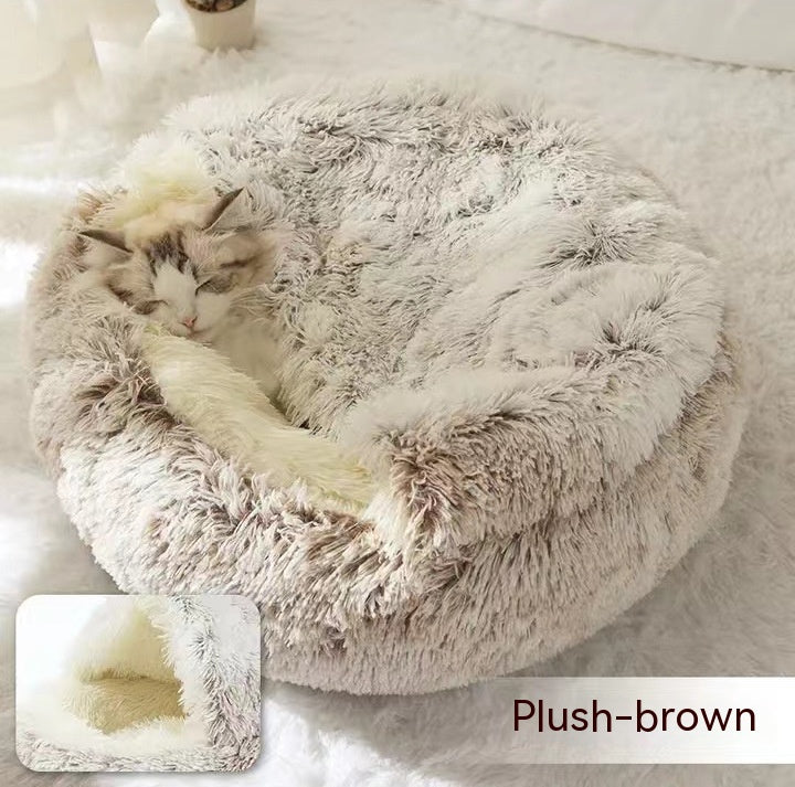 2 In 1 Dog And Cat Bed Pet Winter Bed Round Plush Warm Bed House Soft Long Plush Pets Bed Image