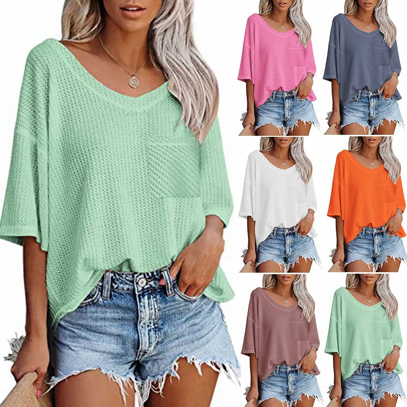 V-neck Shirts Women Summer Short Sleeve Green Tops With Patched Pocket Image