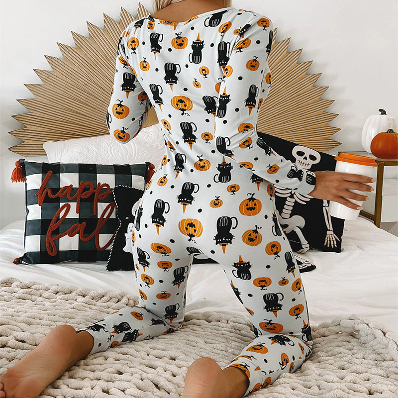 Halloween Printed Jumpsuit Long Sleeve Home Pajamas Casual Trousers Women's Cos Clothing Image